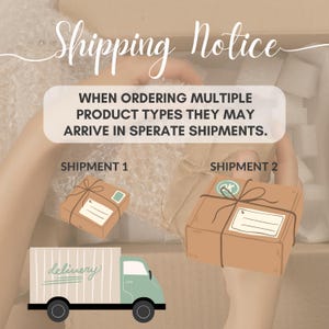 May include: An illustration showing a shipping notice. The image includes two wrapped packages, a delivery truck, and text that reads "WHEN ORDERING MULTIPLE PRODUCT TYPES THEY MAY ARRIVE IN SEPARATE SHIPMENTS."