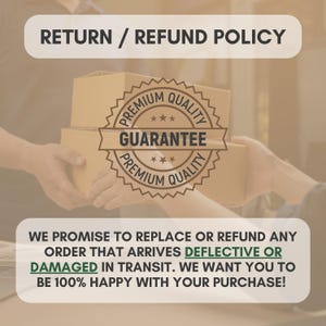 May include: Image of a person holding two cardboard boxes, with a "Premium Quality Guarantee" seal. Text at the top reads "RETURN / REFUND POLICY". The bottom text promises to replace or refund any order that arrives defective or damaged.