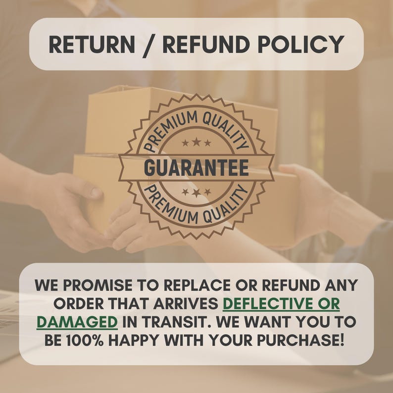 May include: Image of a person holding two cardboard boxes, with a "Premium Quality Guarantee" seal. Text at the top reads "RETURN / REFUND POLICY". The bottom text promises to replace or refund any order that arrives defective or damaged.
