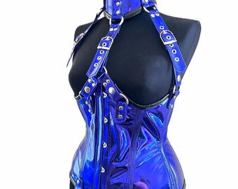 PVC Metallic Blue Corset And Belted Collar