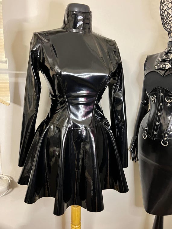 Viajestejedor Light Blue Vinyl Dress Black Glossy PVC Mini Dress High Neck  Puff Sleeves Chic Vinyl