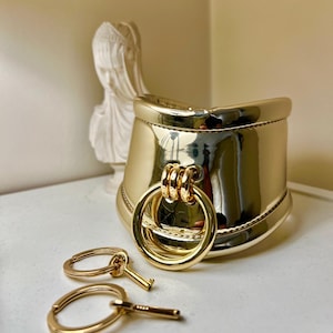 Peut inclure: Un collier large et brillant de couleur or avec un grand anneau et deux porte-clés. Le collier a une forme arrondie et une surface réfléchissante. Une statue de buste blanc est en arrière-plan.