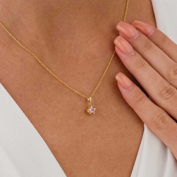 14K Gold Birthstone Necklace, Custom Birthstone Star Pendant, Personalized Birth Stone Necklace, Dainty Handmade Jewelry, Mothers Day Gifts