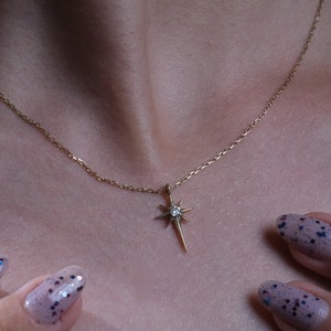 14K Solid Gold Diamond North Star Necklace, Celestial Pendant