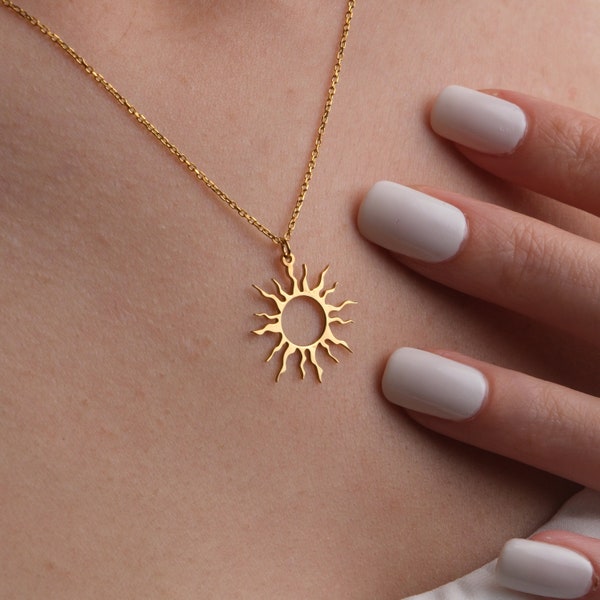 Dainty 14K Gold Sun Necklace, Sunshine Necklace, Gold Sun Pendant, Star Celestial Jewelry, Handmade Necklace, Mothers Day Gifts For Her