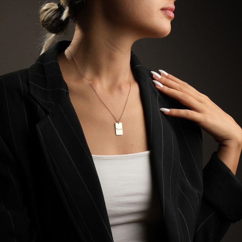 14K Gold Bar Necklace, Vertical Bar Necklace, Rectangle Engraved