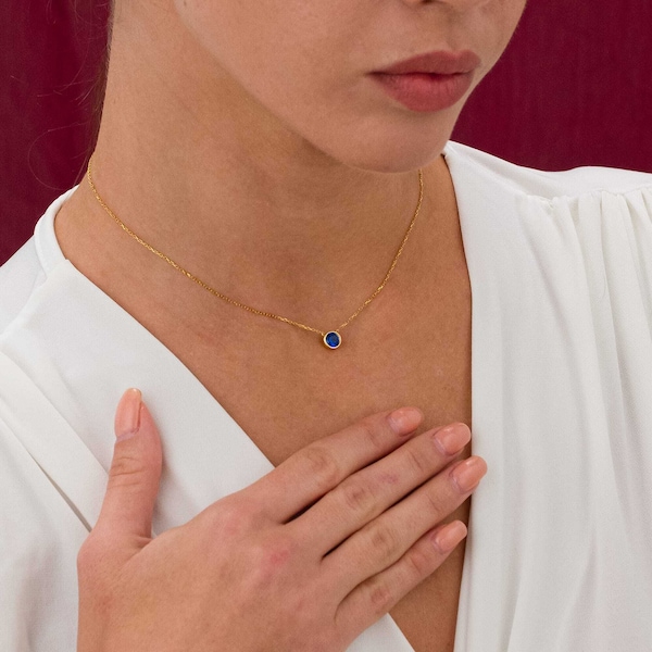 14K Gold Birthstone Necklace, Custom Single Birthstone Necklace, Personalized Gemstone Pendant, Handmade Women Jewelry, Mothers Day Gifts