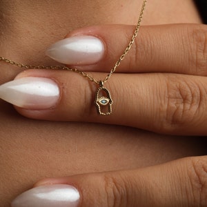 14K Solid Gold Evil Eye Hamsa Necklace: Fatima Protection Jewelry