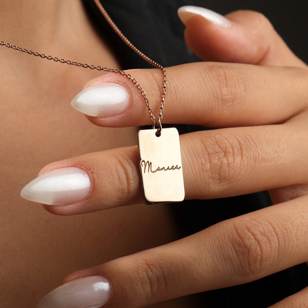 14K Gold Bar Necklace, Vertical Bar Necklace, Rectangle Engraved