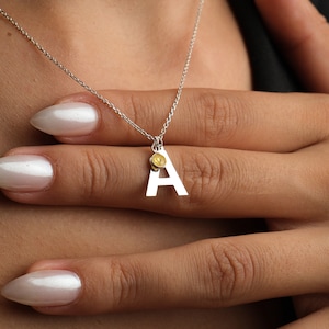 14K Gold Letter Necklace, Birthstone Letter Necklace, Personalized Birthstone Necklace, Gift For Women, Gift For Her, Christmas Necklace