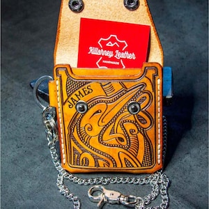 Cartera con cadena de motociclista: carteras de cuero con cadena personalizadas para hombres: cartera celta: cartera grabada