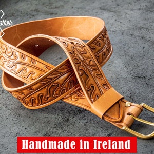Tooled Carved Leather Belt - Handmade from 10oz Cowhide - Irish Oak Design