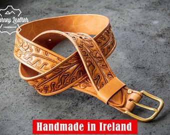 Tooled Carved Leather Belt - Handmade from 10oz Cowhide - Irish Oak Design