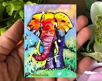 Aceo Watercolor Original, ACEO Card, Miniature Art, Colorful Elephant Watercolor Painting, Home Decor Gift