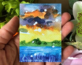 Aceo Watercolor Original, ACEO Card, Miniature Art, Minimalist Landscape Watercolor Painting, Home Decor Gift