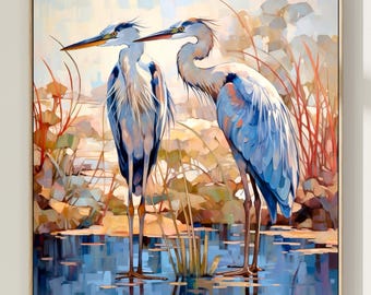 Blue Herons Watercolor Art Print, Square Bird Poster, Nature Decor
