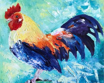Rooster original oil painting, farm animals original art
