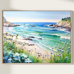 Monterey Bay Watercolor Painting California Coast Art Print Ocean Shore Artwork Wildflowers Landscape Beach House Wall Decor Gift