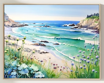 Monterey Bay Watercolor Print: California Coast Wildflower Landscape