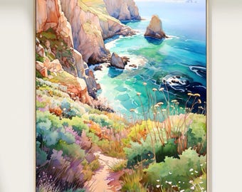 Impression aquarelle du parc national des îles Channel, décoration murale paysage de la côte californienne