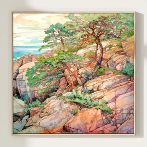 Acadia National Park Print, Maine Travel Watercolor Painting Gift Hiking Wall Art Home Decor Gift Poster