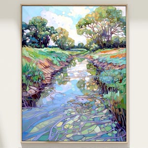 川の反射、川の風景、川の絵画、水景、水彩風景、田園、田舎の絵画