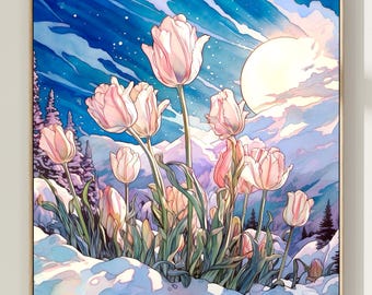 チューリップの草原の絵画、花の風景写真、春の装飾、イースターの