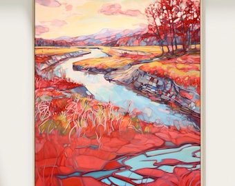 Autumn River Landscape Watercolor Painting Art Print