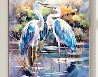 Blue Herons Watercolor Art Print, Bird Poster, Nature Wall Decor