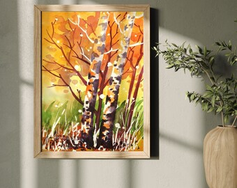 Original watercolor painting, Fall forest original art, Berken watercolor landscape, watercolor tree painting, watercolor autumn