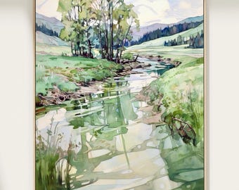 田舎の小川、田園風景、水彩風景、田舎、川の絵画、川の風景、緑の川