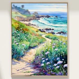 Monterey Bay Watercolor Painting California Coast Art Print Ocean Shore Artwork Wildflowers Landscape Beach House Wall Decor Gift