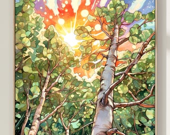 Impresión de acuarela de árboles al atardecer: pintura de paisaje sereno, arte inspirado en la naturaleza
