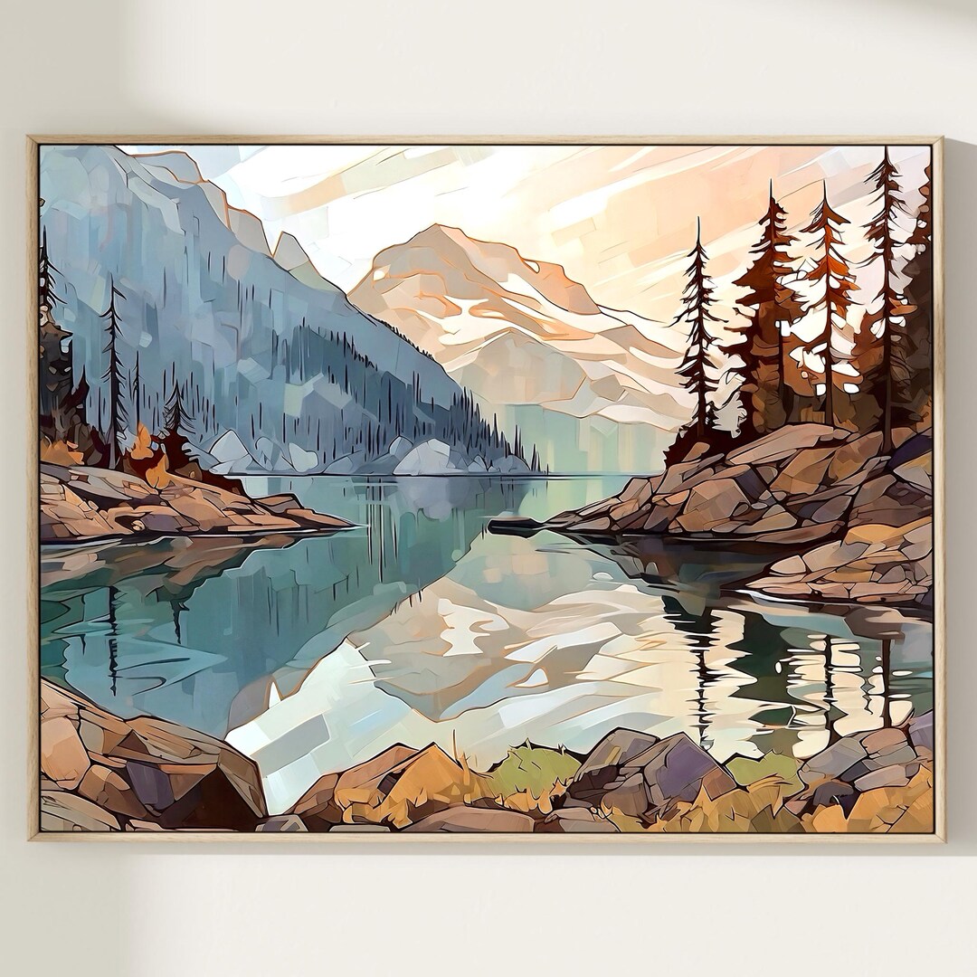 Mountain Lake Watercolor Art Print: Neutral Landscape Painting - Etsy