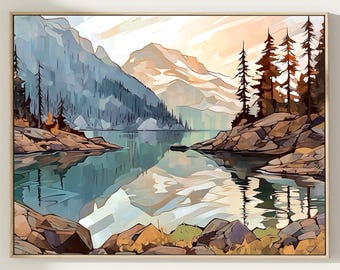 Mountain Lake Watercolor Art Print: Neutral Landscape Painting