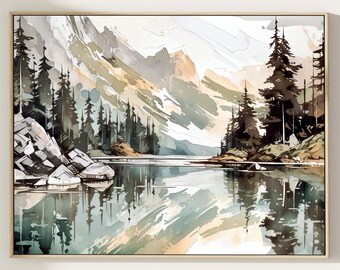 Mountain Lake Watercolor Print: Neutral Landscape Art
