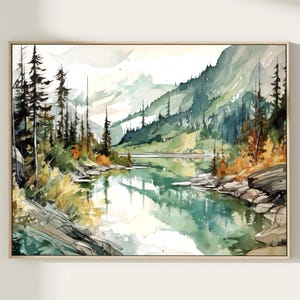 Mountain lake watercolor painting art print panoramic landscape home decor gift art