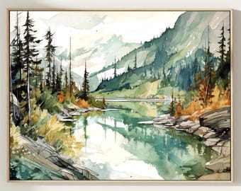 May include: A framed watercolor landscape painting featuring a calm lake surrounded by tall pine trees and rugged mountains. The color palette includes shades of forest green, muted teal, soft brown, and cream, with visible brushstrokes throughout.
