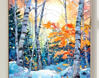 Watercolor Winter Birch Tree Forest Print: Square Nature Landscape