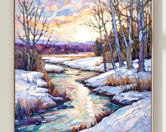May include: A painting of a winter landscape with a winding river flowing through a snowy field. The sky is a vibrant mix of pink, purple, and orange, with a bright sun shining through the clouds. Trees line the riverbank, their branches bare and covered in snow. The painting is done in a mosaic style, with small, colorful squares creating a textured effect.