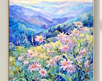 Blue Ridge Mountains Painting Blue Ridge Parkway Watercolor Art Print North Carolina Wall Art Wildflowers Artwork Landscape Poster