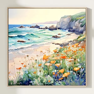 Impresión de Big Sur, paisaje de la costa de California, pintura de amapola californiana, arte mural grande, regalo de acuarela, póster de viaje