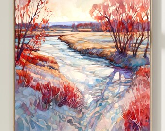 May include: A watercolor painting of a river winding through a snowy landscape. The river is surrounded by trees with red and orange leaves. The sky is a pale blue with hints of pink and orange.