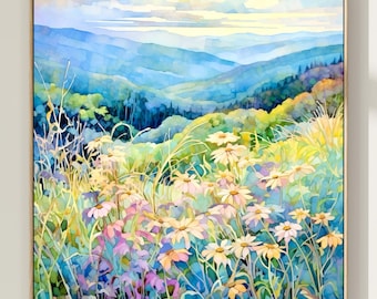 Blue Ridge Mountains Watercolor Art Print, North Carolina Landscape Wall Decor