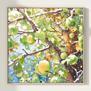 Stampa artistica di un dipinto ad acquerello di un melo sotto la neve, decorazione rustica per la cucina in stile fattoria, arte murale botanica, stampe naturalistiche, mela nella neve