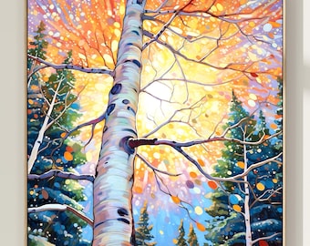 Impresión de acuarela de un árbol al atardecer: pintura de paisaje vibrante, arte natural