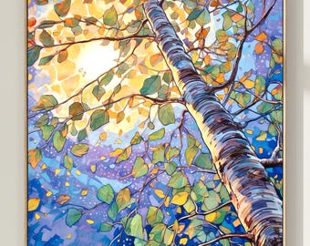 Impresión de acuarela de un árbol al atardecer: pintura de paisaje sereno, arte inspirado en la naturaleza