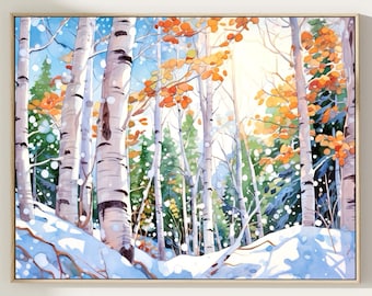 Winter Birch Tree Watercolor Print | Woodland Landscape Wall Art