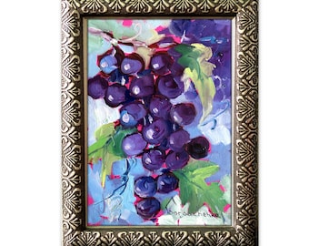 Small Frame Art, Grapes Oil Painting Original Art, 7 by 5 Framed Artwork, Fruit Wall Art, Original Painting, Kitchen Wall Decor