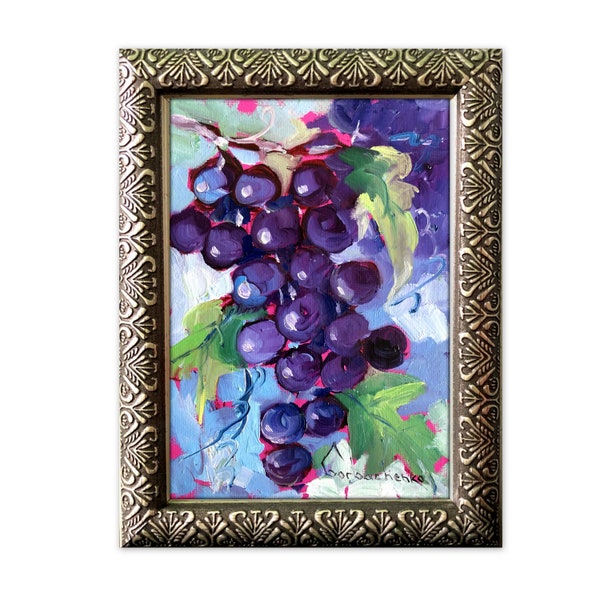 Art petit cadre, peinture à l'huile de raisins, oeuvre d'art encadrée 7 x 5, art mural fruits, peinture originale, décoration murale de cuisine